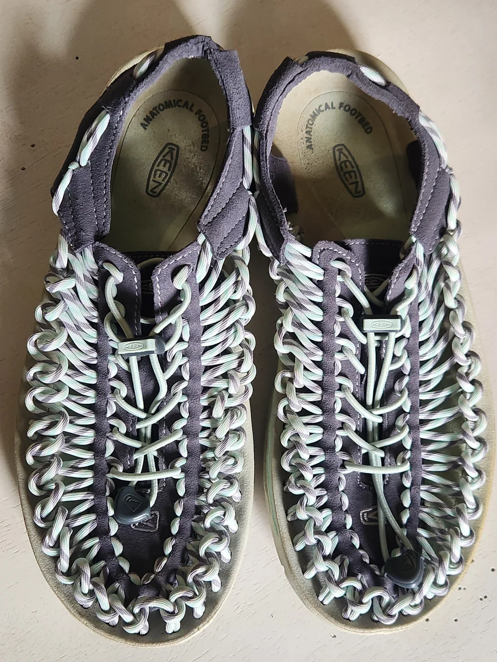KEEN Womens UNEEK Braided Sandals in Dark Gray and Light Mint